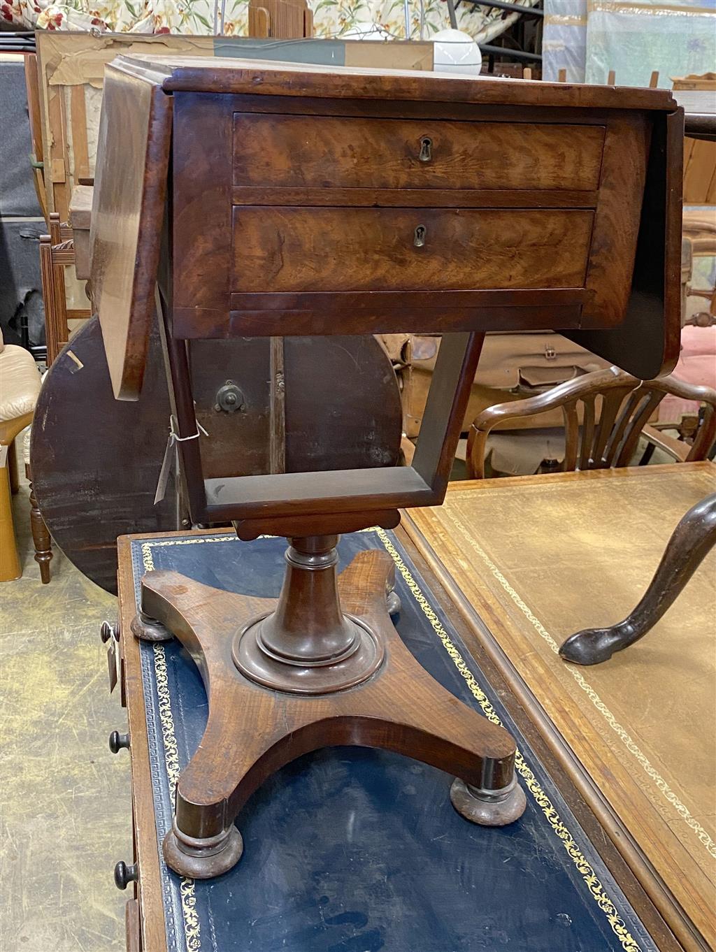 A William IV mahogany drof flap work table, width 43cm, depth 54cm, height 72cm